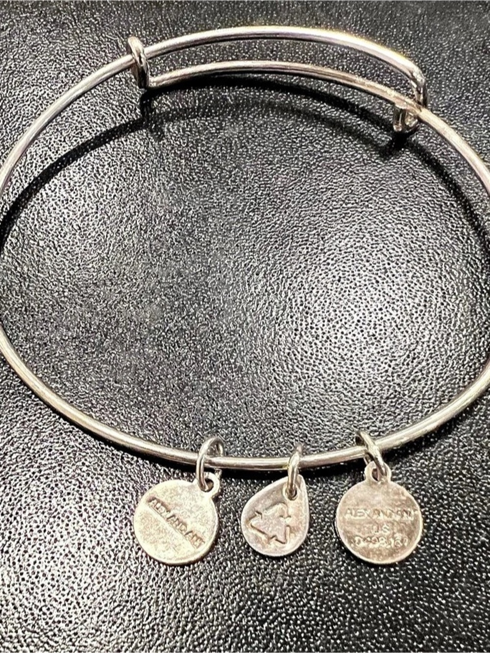 Alex and Ani Silver Tone Adjustable Wire Bangle Bracelet 3 Dangle Charms Signed